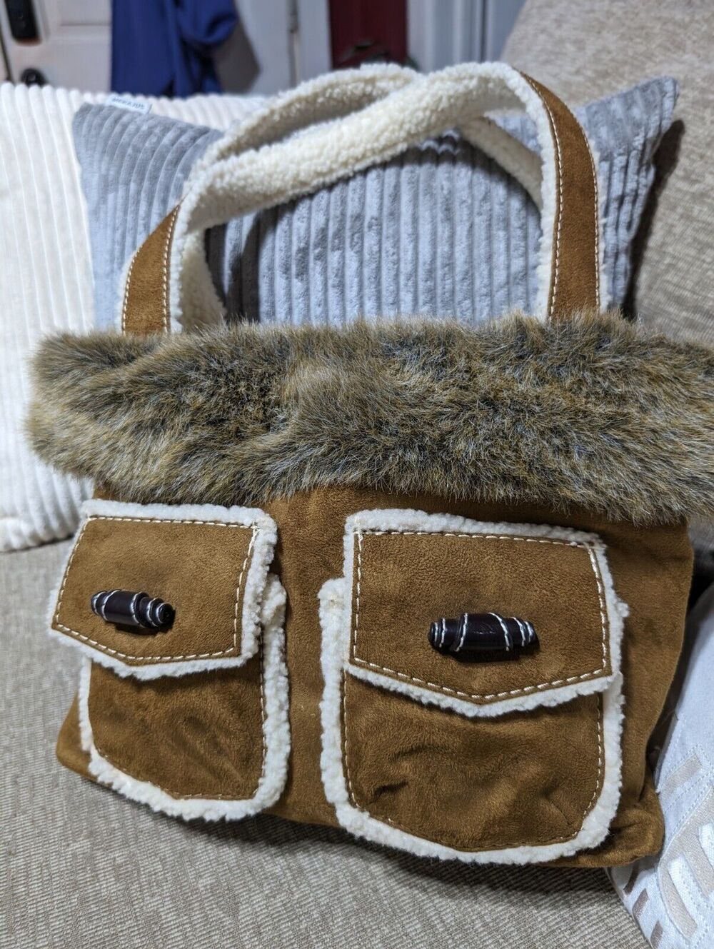 Bath & Body Works Shoulder Bag Brown Suede Cream Sherpa Trim Faux Fur Purse